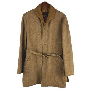 60s Harris tweed Shawl Collar Belted Coat Jacket Brown Herringbone Vintage